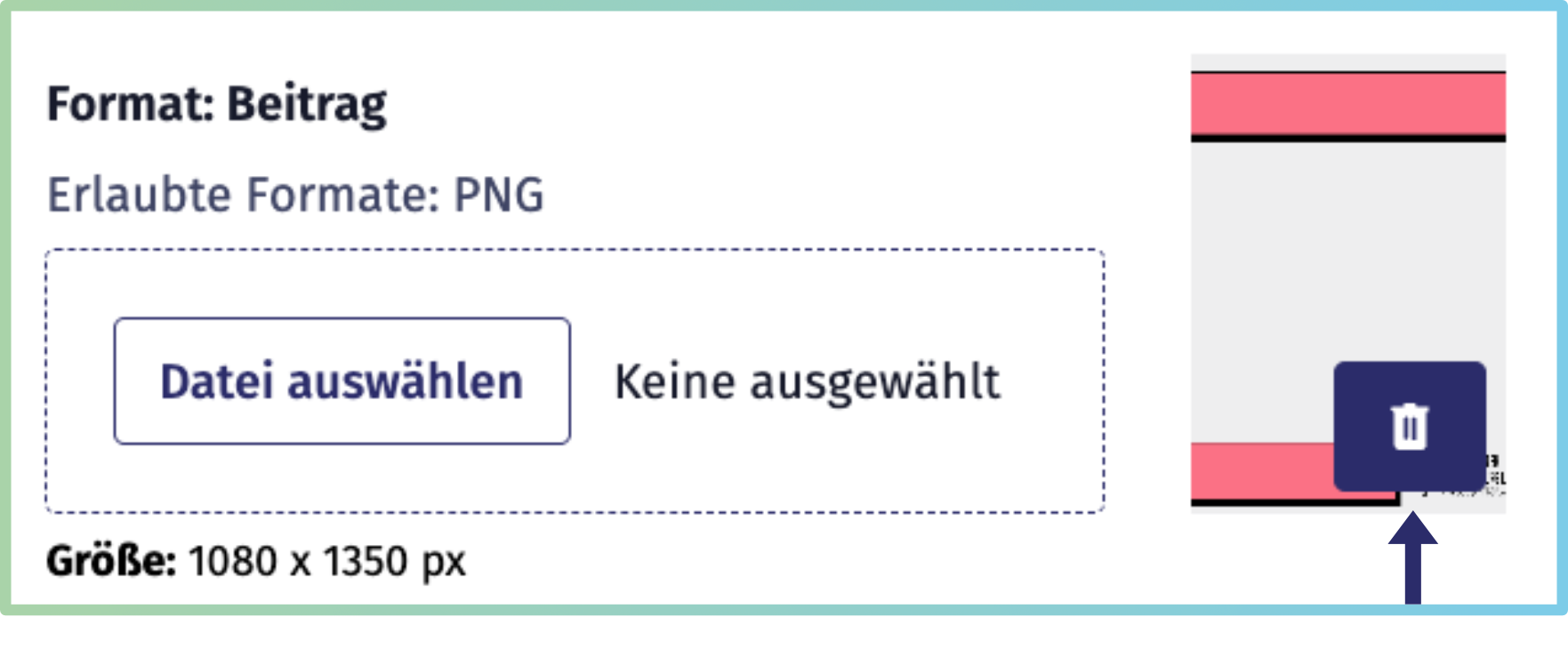 Hochgeladenes Hintergrundbild für eine Veranstaltungsübersicht für Beitrags mit Pfeil auf den Löschen-Button