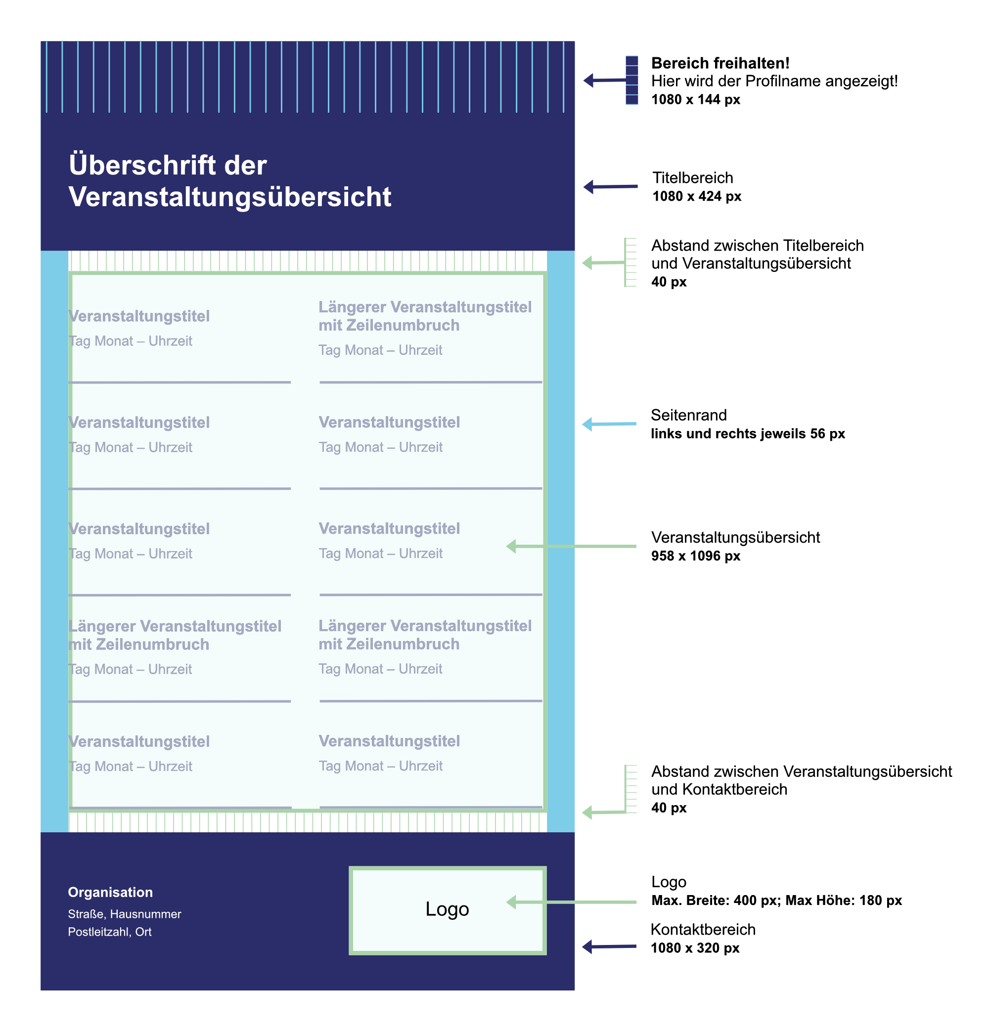 Gestaltungsrichtlinie für die Hintergrunderstellung für Veranstaltungsübersichten (Story-Format 1080 × 1920 px). Der Seitenrand beträgt links und rechts 56 px. Der obere Bereich mit Höhe 144 px wird für die Anzeige des Profilnamens freigelassen. Darunter liegt der Titelbereich mit 424 px Höhe. Zwischen Titelbereich und der Übersicht liegt ein Abstand von 40 px. Die Höhe der Veranstaltungsübersicht beträgt 1096 px (maximal 10 Veranstaltungen werden angezeigt). Darunter folgt ein Abstand von 40 px zum 320px hohen Kontaktbereich. Im Kontaktbereich ist links ausgerichtet Platz für die Organisationsinformationen, rechts ausgerichtet ist Platz für ein Logo mit einer Maximalhöhe von 180 px und einer Maximalbreite von 400 px.