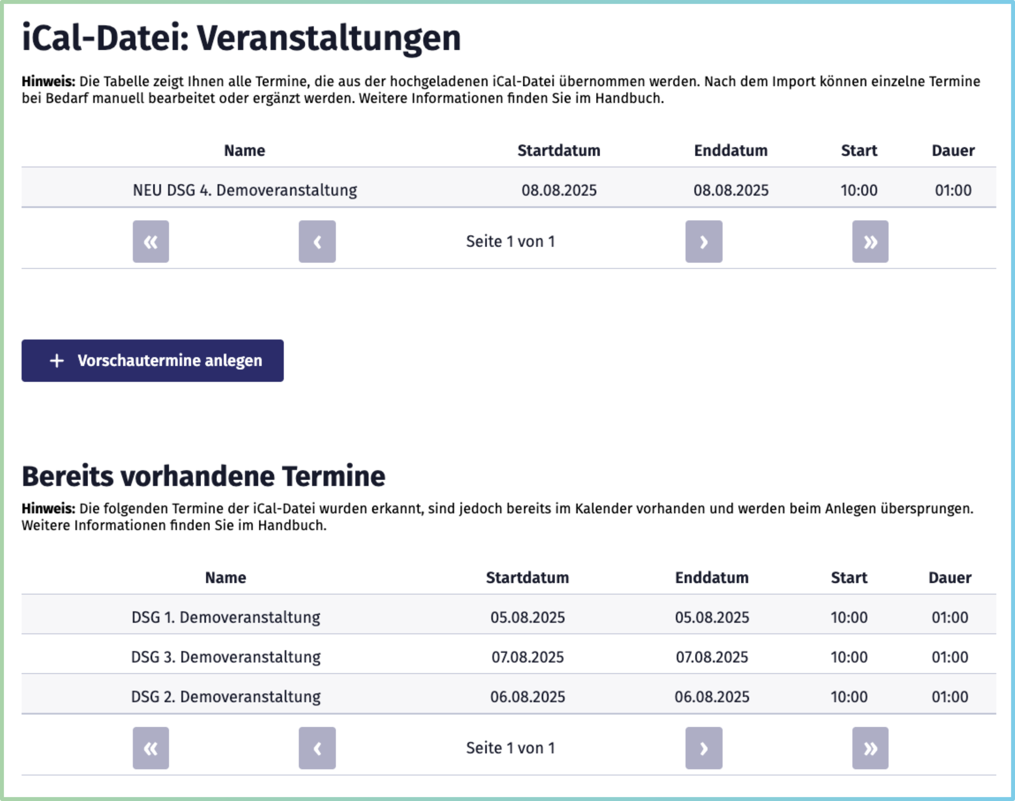 Bildschirmaufnahme der beiden Tabellen: Neu anzulegende Termine und bereits vorhandene Termine