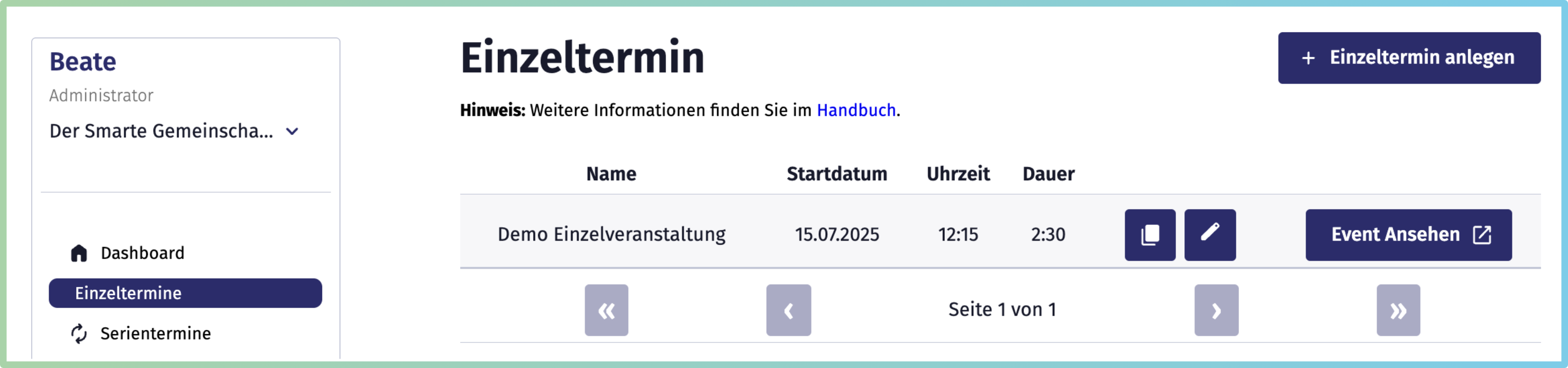 Bildschirmaufnahme der Rubrik Einzeltermine in der Terminverwaltung
