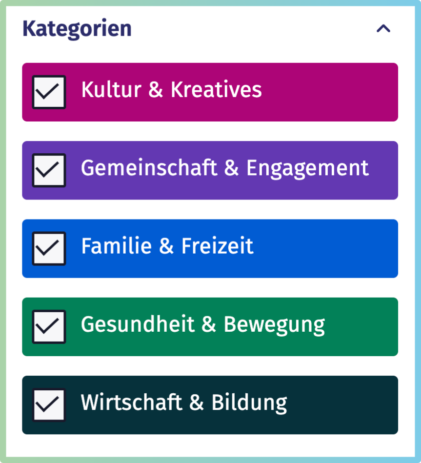 5 Oberkategorien der Kalenderansicht: Kultur & Kreatives, Gemeinschaft & Engagement, Familie & Freizeit, Gesundheit & Bewegung, Wirtschaft & Bildung