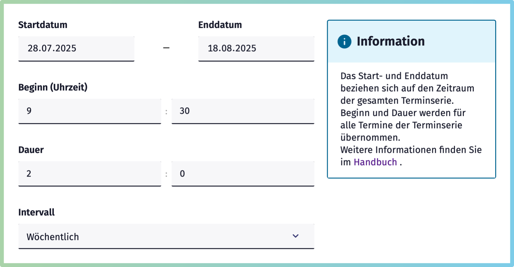 Bildschirmaufnahme Zeitpunkt und Intervall eines Serientermins im Formular festlegen