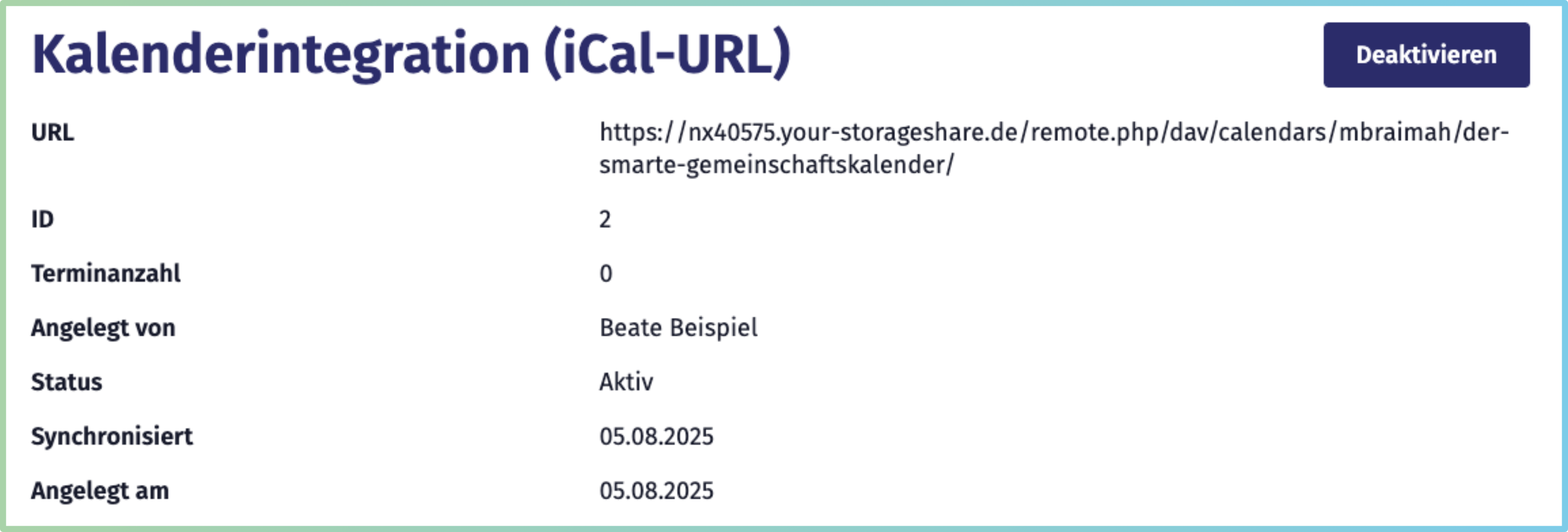 Bildschirmaufnahme der Detailansicht einer Kalenderintegration.