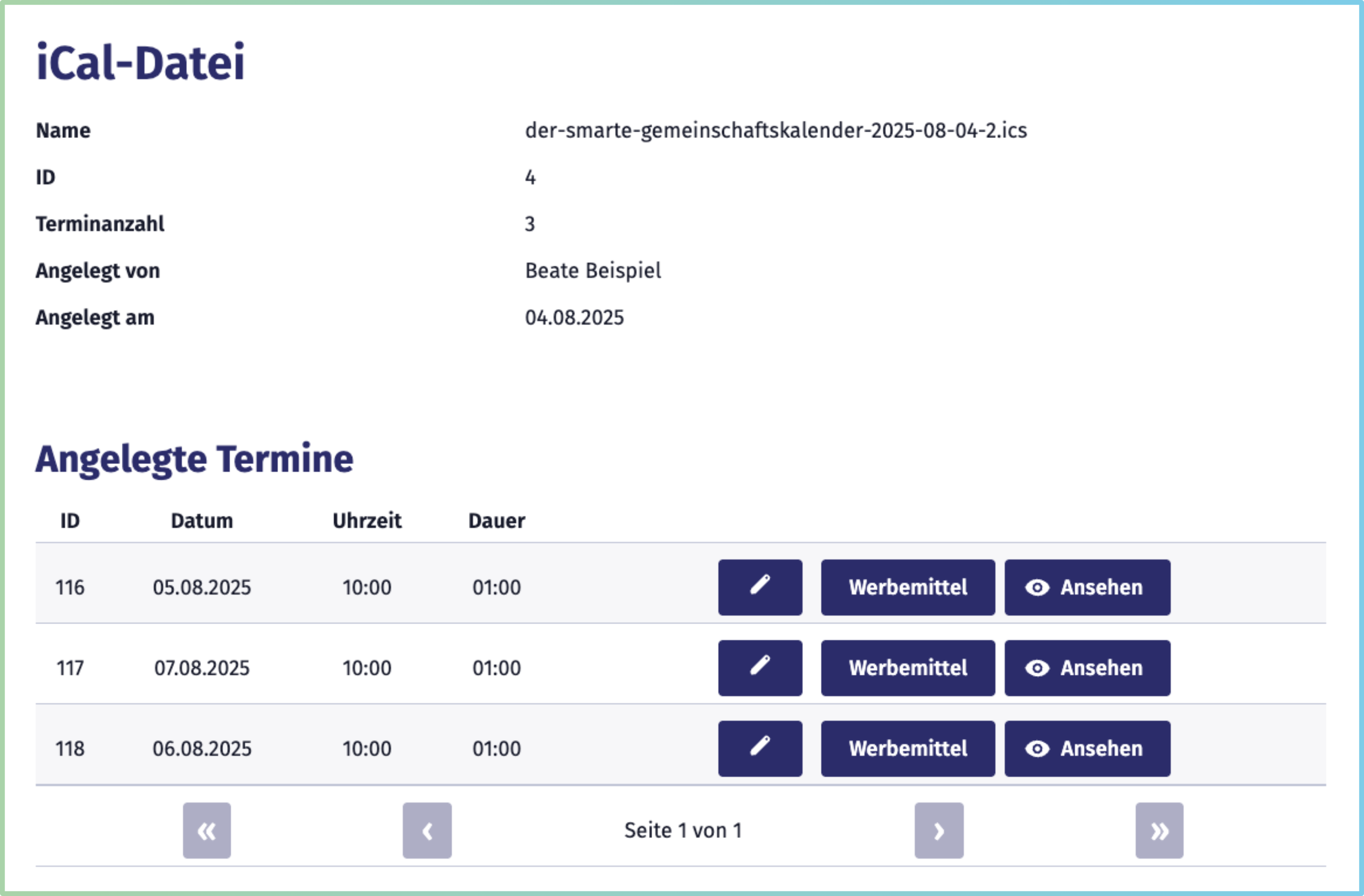Bildschirmaufnahme der Terminübersicht einer iCal-Datei