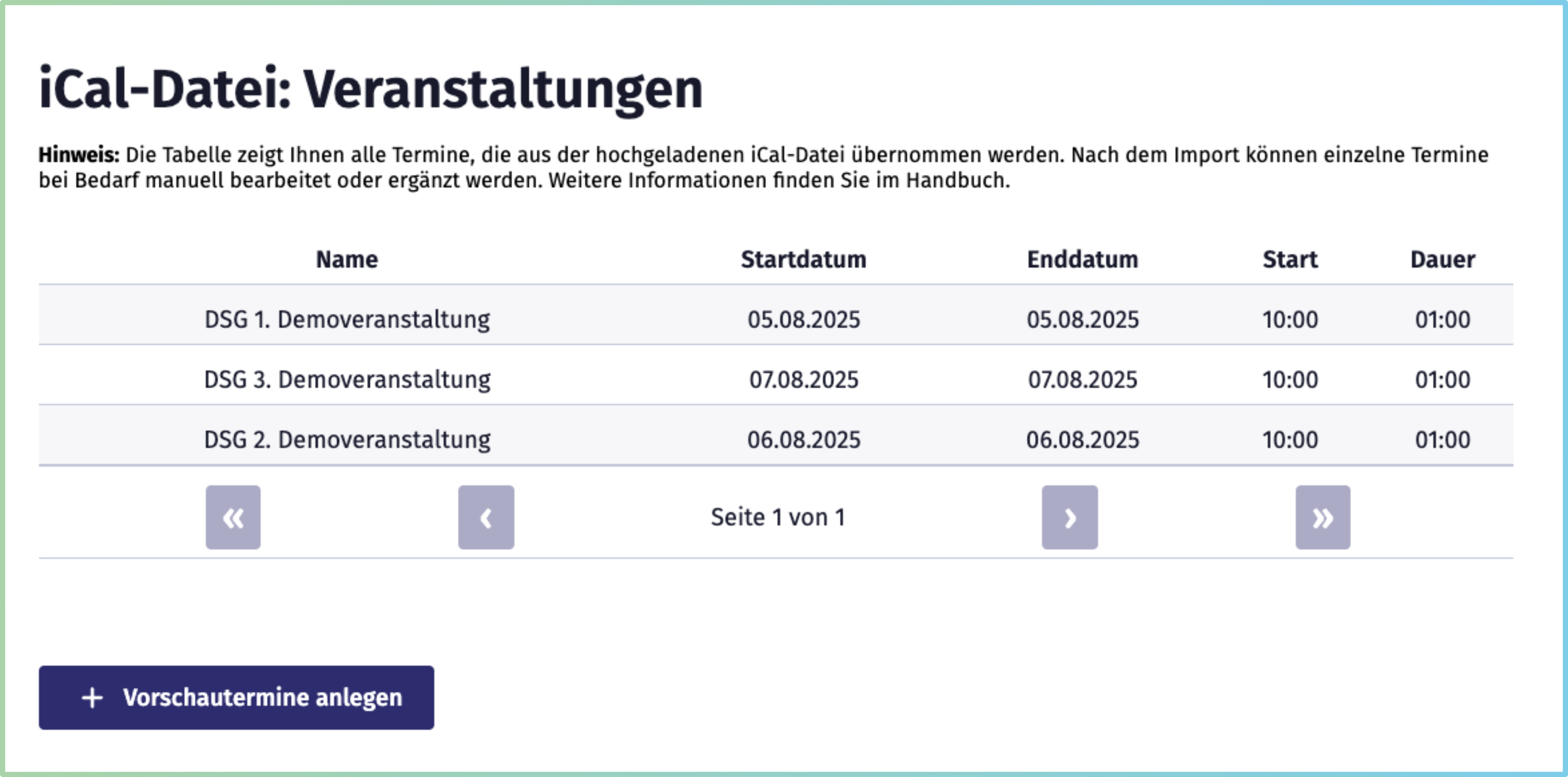 Bildschirmaufnahme der Vorschau der Termine, die durch die iCal-Datei hochgeladen werden