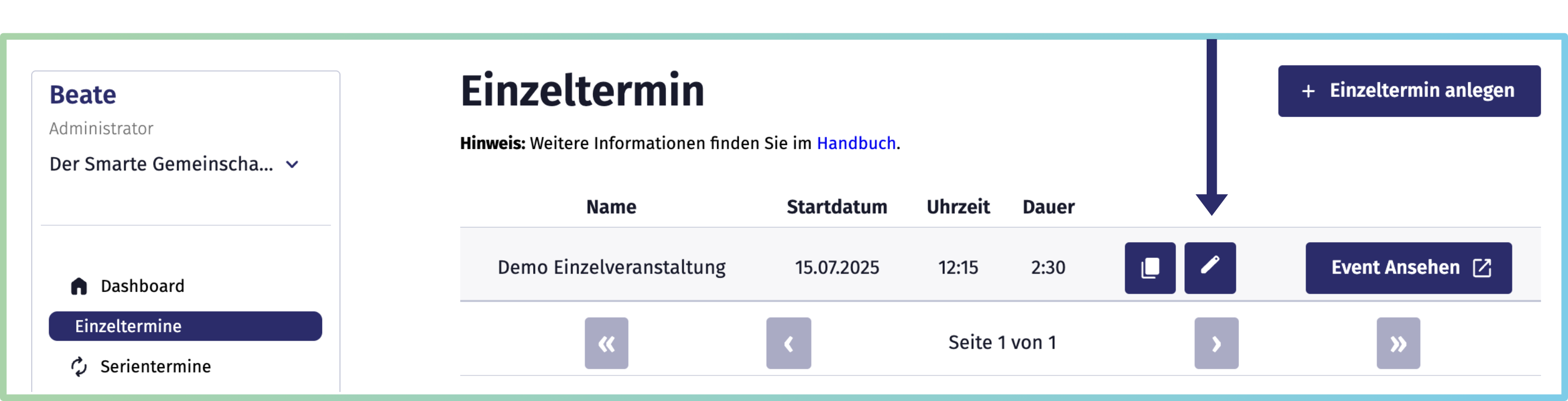 Bildschirmaufnahme der Übersichtstabelle der Einzelveranstaltungen in der Terminverwaltung