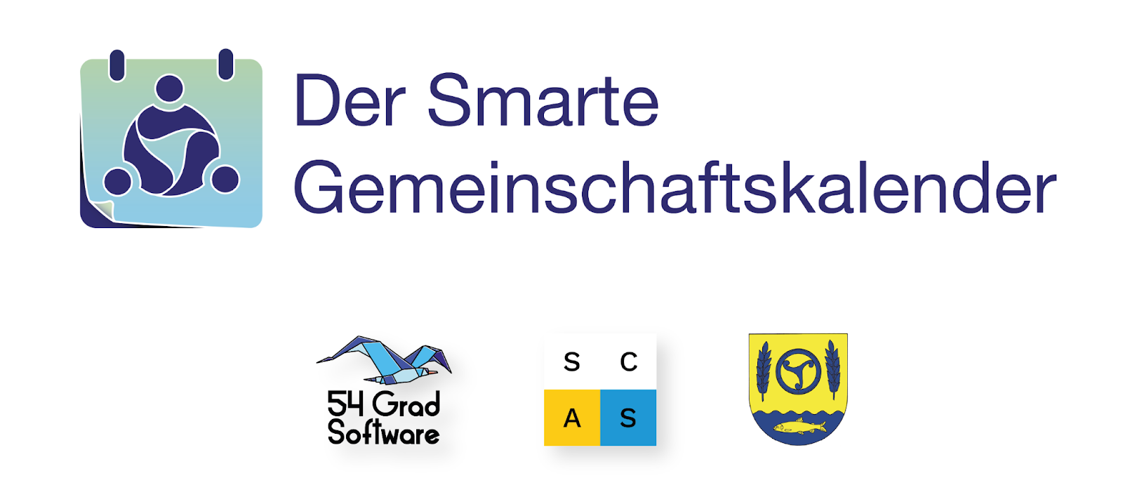 Logo des Der Smarte Gemeinschaftskalendar. Bestehened aus einem Kalendarblatt, drei Menschen und dem Text sowie den Logos der 54 Grad Software, dem SCAS und der Amtsgemeinde Süderbrarup. 